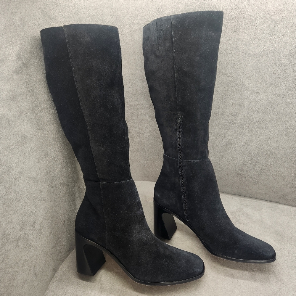 Gianni Bini Heeled Boots 10 Black Oiled Suede Chase Tall Square Toe new $230